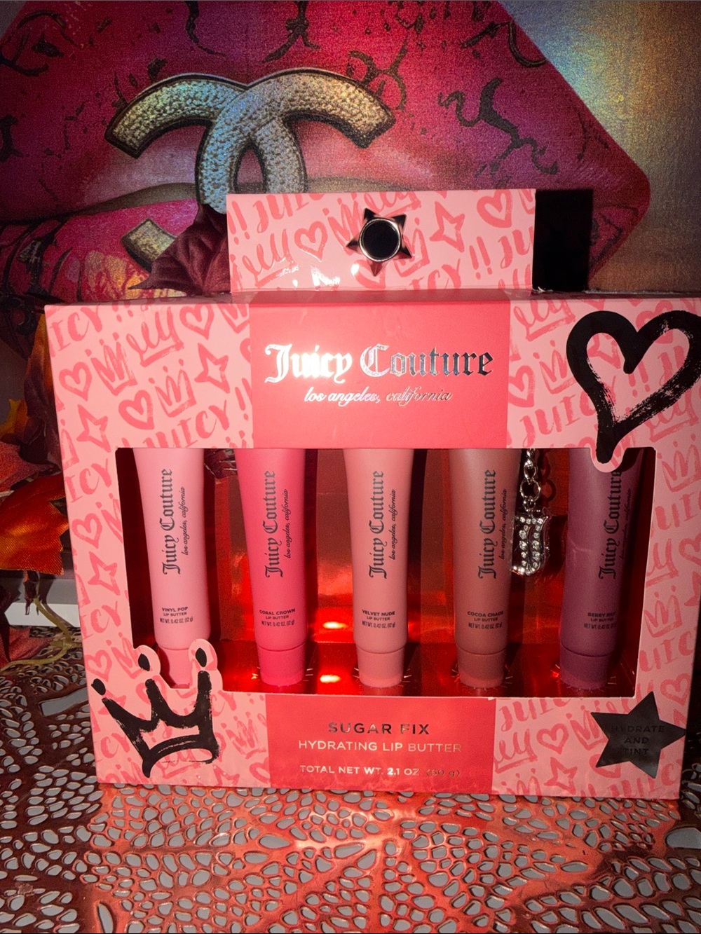 Juicy Couture Hydrating Lip Butter 5 PC Set - Pink & Nude Shades&cute charms
